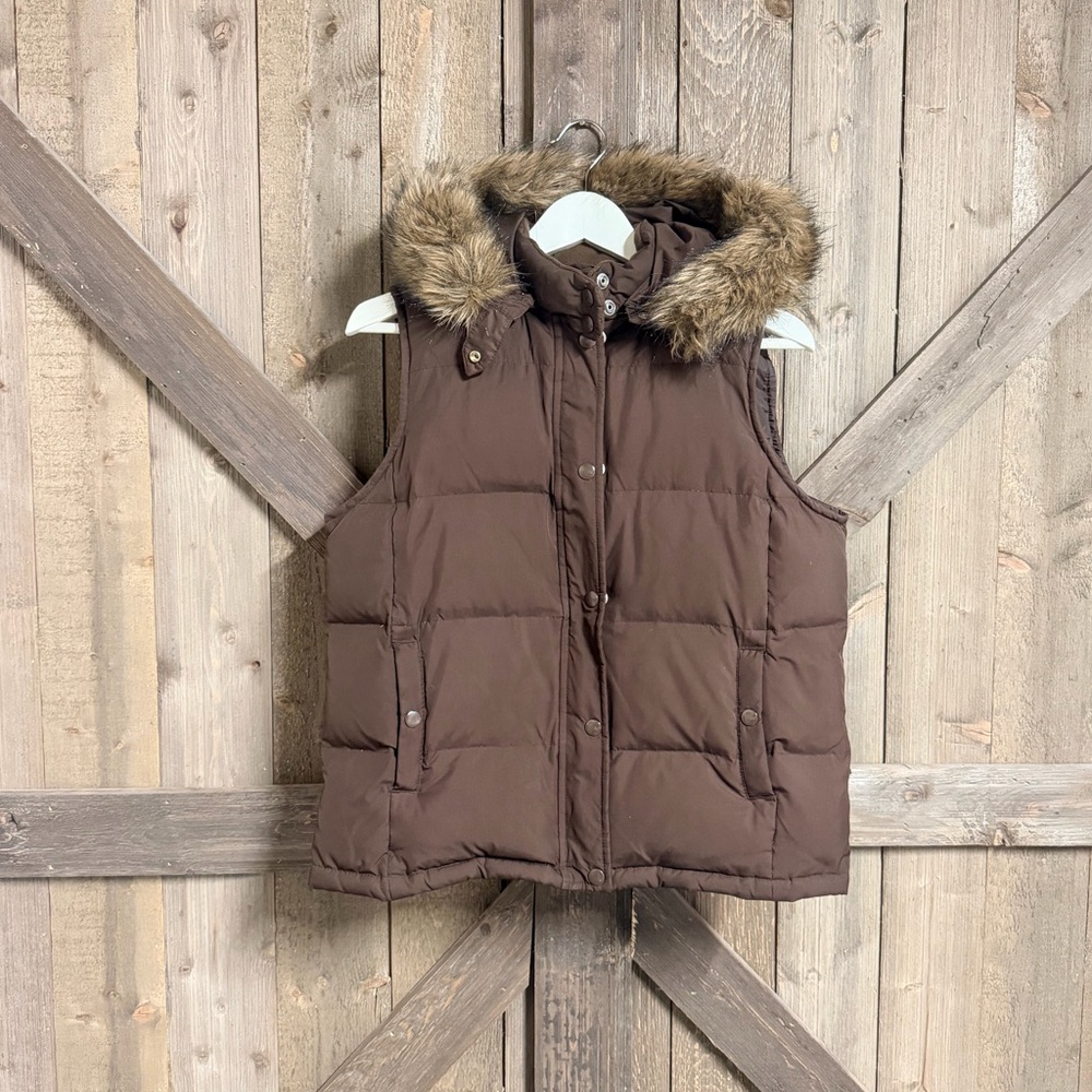 GAP Brown Puffer Down Vest with Faux Fur Removable Hood EUC